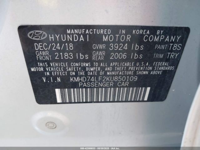 KMHD74LF2KU850109 Hyundai ELANTRA SE