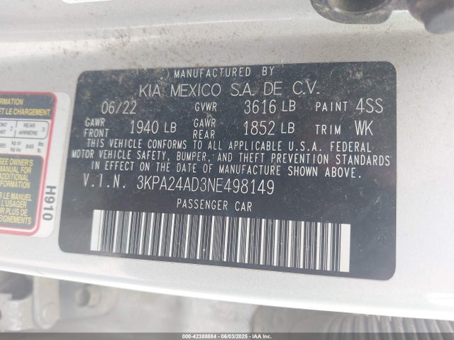 3KPA24AD3NE498149 KIA mpi gamma ii