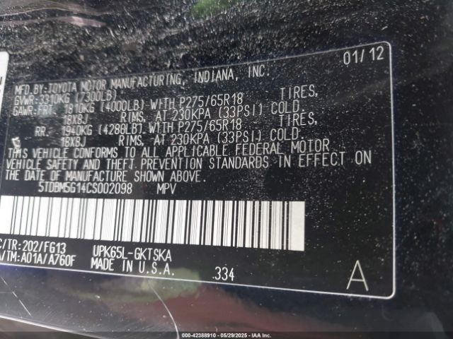 2012 TOYOTA SEQUOIA 5TDBM5G14CS002098 Photo 8