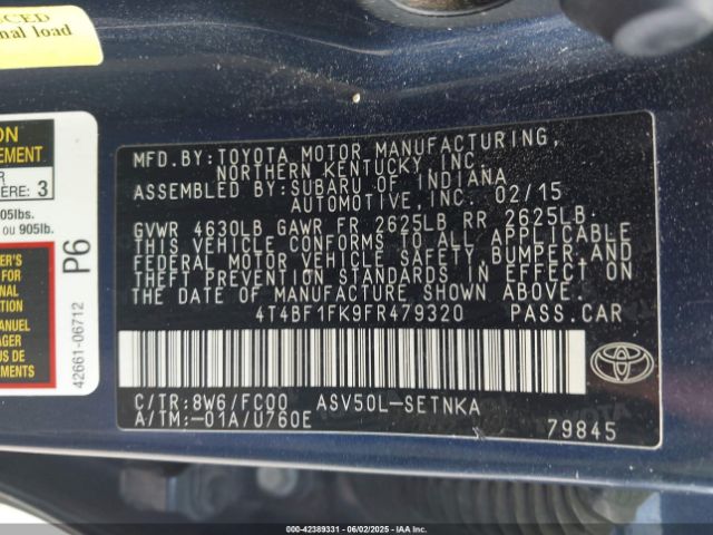 4T4BF1FK9FR479320 Toyota CAMRY LE