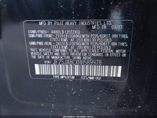 JF2SJABCXHH589978 Subaru naturally aspirated u5