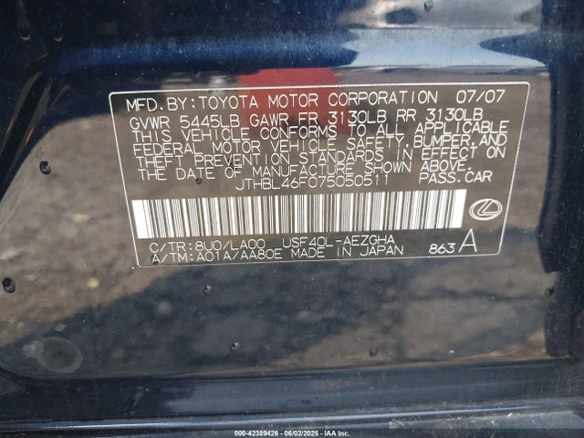 42389426 :رقم المزاد ، JTHBL46F075050511 vin ، 2007 Lexus Ls 460 مزاد بيع