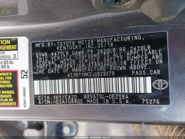 4T1B11HK2JU629279 Toyota CAMRY SE