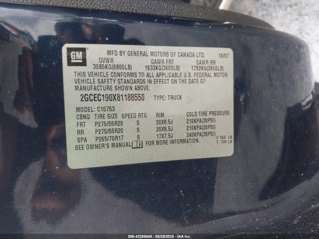 42389448 :رقم المزاد ، 2GCEC190X81188550 vin ، 2008 Chevrolet Silverado 1500 Ltz مزاد بيع