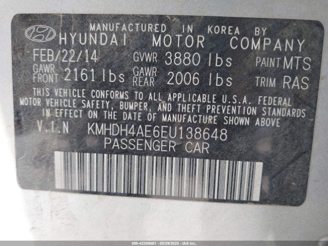 KMHDH4AE6EU138648 Hyundai Elantra Limited