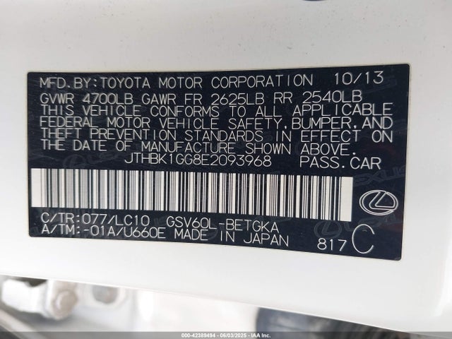 Aukcja sprzedaży 2014 Lexus Es 350, vin: JTHBK1GG8E2093968, numer aukcji: 42389494