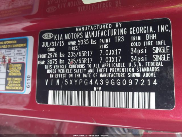 5XYPG4A39GG097214 KIA Sorento 2.4l Lx