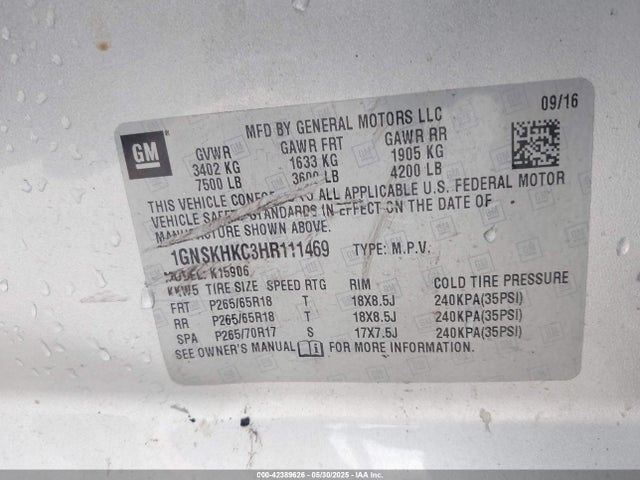 1GNSKHKC3HR111469 Chevrolet l83 - sidi: spark ignited direct injection, vvt: variable valve timing, afm, e85 max, alum