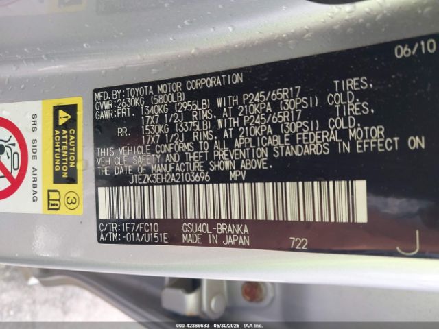 2010 TOYOTA HIGHLANDER JTEZK3EH2A2103696 Photo 8