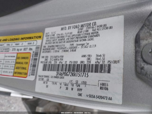 3FA6P0G72KR151715 Ford FUSION S