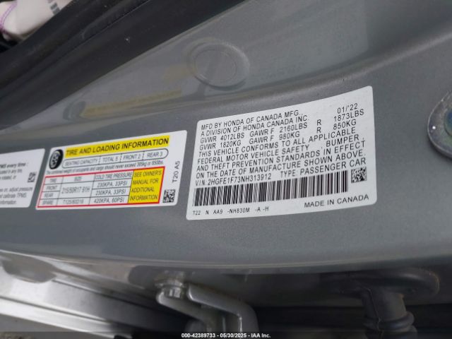 2022 HONDA CIVIC 2HGFE1F73NH313912 Photo 8