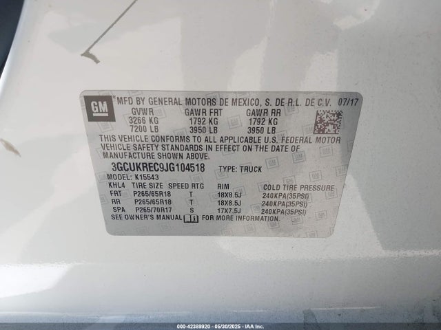 3GCUKREC9JG104518 Chevrolet l83 - sidi: spark ignited direct injection, vvt: variable valve timing, afm, e85 max, alum