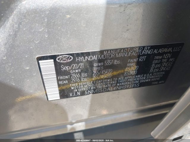 5NMS5DAL4NH393955 Hyundai Santa Fe Calligraphy