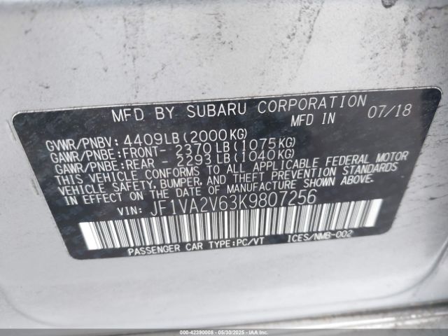 JF1VA2V63K9807256 Subaru Wrx Sti Limited