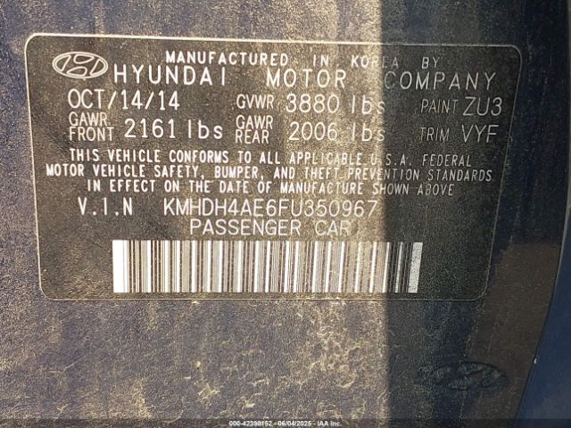 KMHDH4AE6FU350967 Hyundai ELANTRA SE