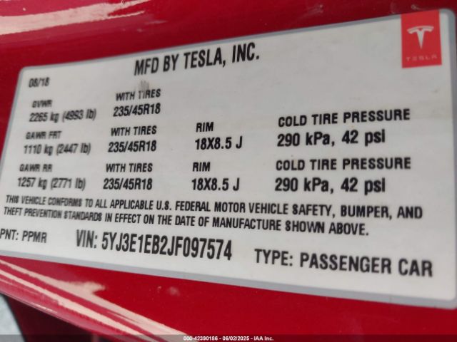 5YJ3E1EB2JF097574 Tesla MODEL 3