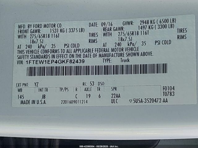 1FTEW1EP4GKF82439 Ford F-150 Xlt