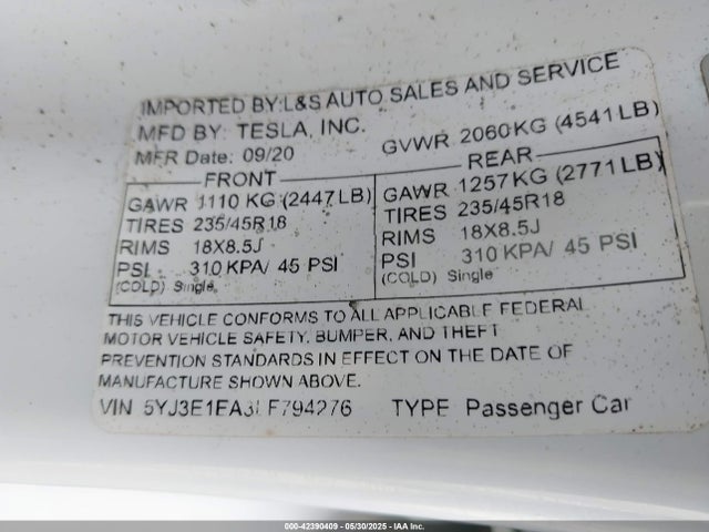 2020 TESLA MODEL 3 5YJ3E1EA3LF794276 Photo 8