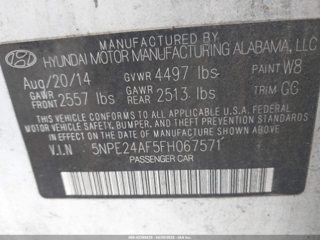 5NPE24AF5FH067571 Hyundai SONATA SE