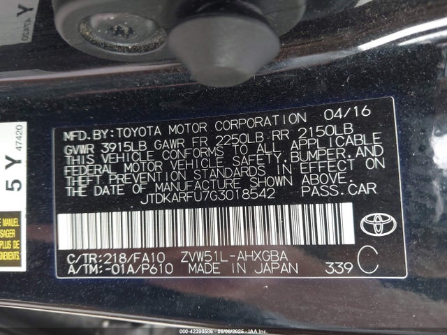 JTDKARFU7G3018542 Toyota 2zr-fxe,1nm