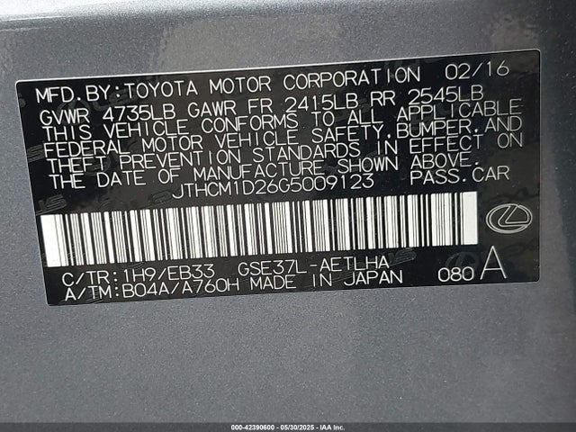 Aukcja sprzedaży 2016 Lexus Is 300, vin: JTHCM1D26G5009123, numer aukcji: 42390600