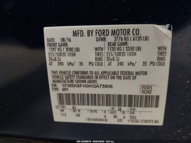 2017 FORD EXPLORER 1FM5K8FH0HGA75906 Photo 8