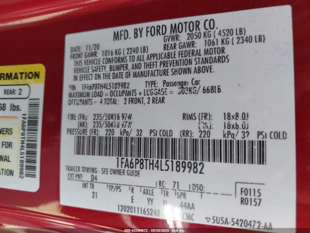 1FA6P8TH4L5189982 Ford Mustang Ecoboost Fastback