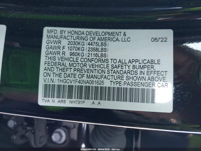 1HGCV1F40NA061625 Honda l15be