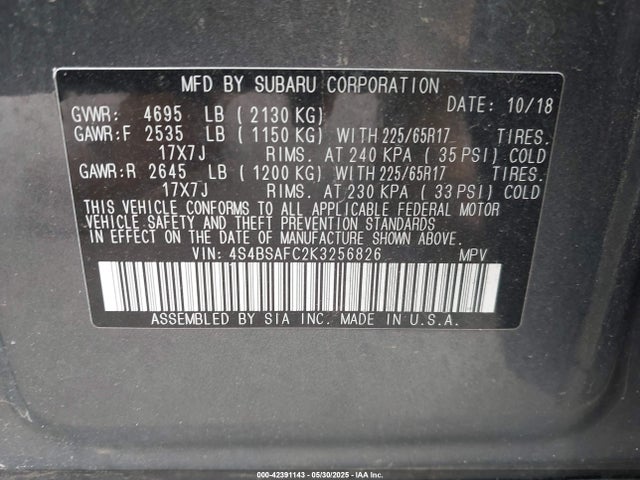 Subaru na u5 2019 4S4BSAFC2K3256826 Image 9