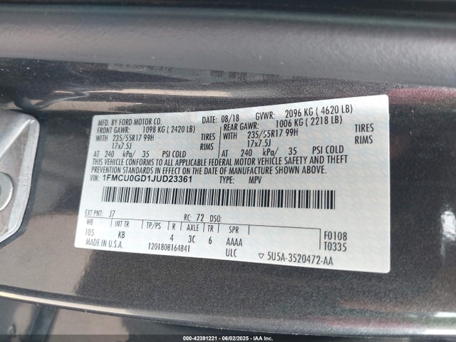 1FMCU0GD1JUD23361 Ford 1.5l gtdi sigma w/premium fuel