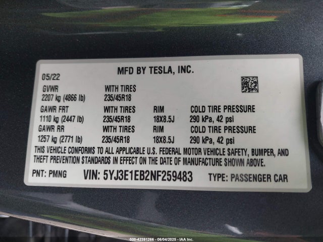 2022 TESLA MODEL 3 5YJ3E1EB2NF259483 Photo 8