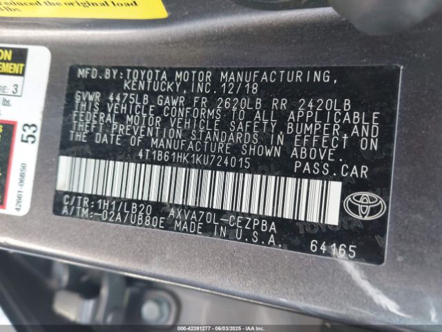 2019 TOYOTA CAMRY 4T1B61HK1KU724015 Photo 8