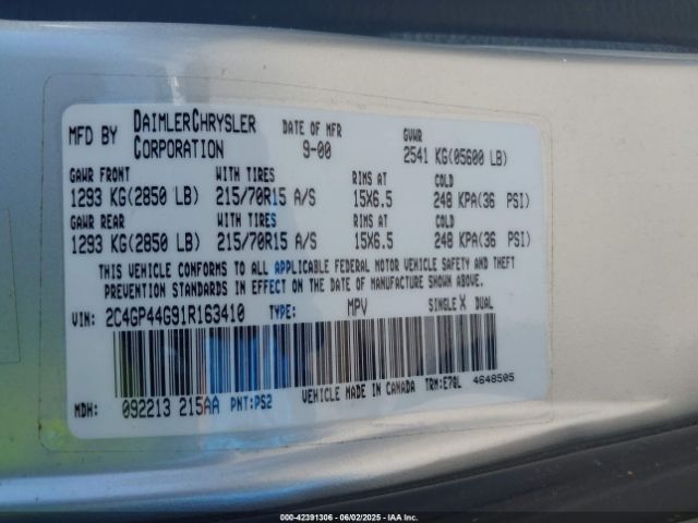 2001 CHRYSLER TOWN & COUNTRY 2C4GP44G91R163410 Photo 8
