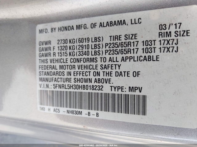 5FNRL5H30HB018232 Honda j35z8