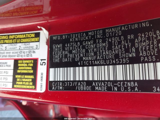 4T1C11AK6LU345395 Toyota CAMRY LE