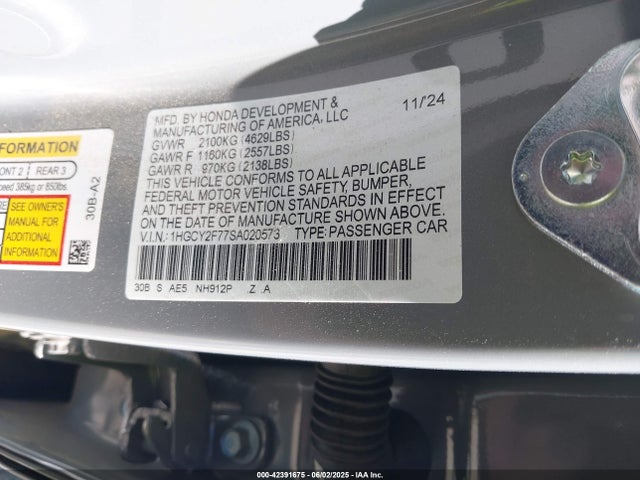 Honda lfc5 2025 1HGCY2F77SA020573 Image 9