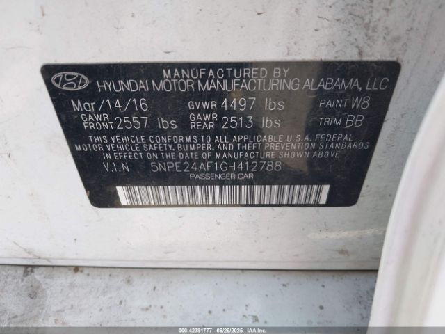 5NPE24AF1GH412788 Hyundai SONATA SE