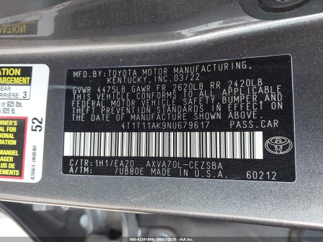 4T1T11AK9NU679617 Toyota a25a-fks