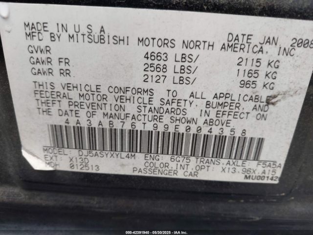 2009 MITSUBISHI GALANT 4A3AB76T99E004358 Photo 8