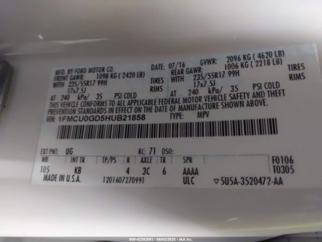 1FMCU0GD5HUB21858 Ford ESCAPE SE
