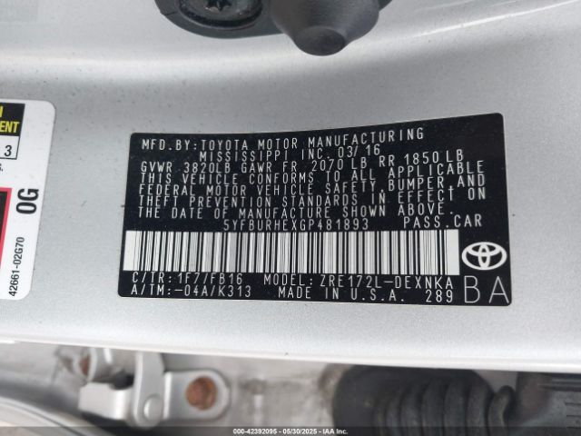 5YFBURHEXGP481893 Toyota COROLLA LE
