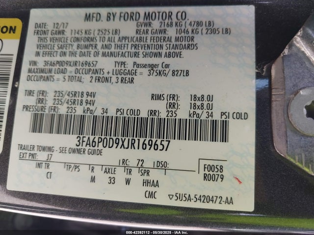 3FA6P0D9XJR169657 Ford Fusion Titanium