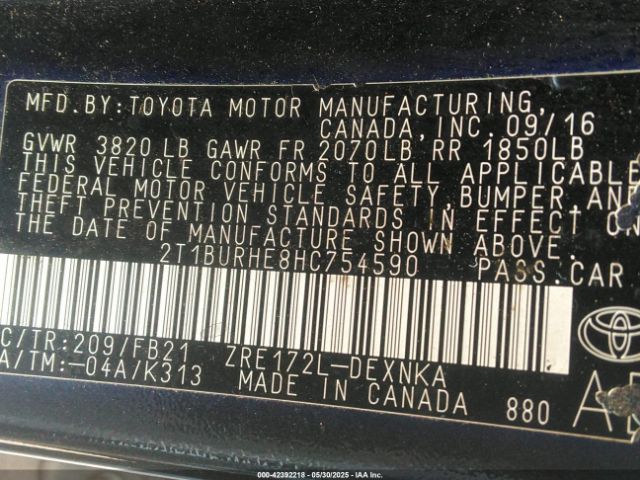 2T1BURHE8HC754590 Toyota COROLLA LE
