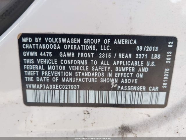 1VWAP7A3XEC027937 Volkswagen Passat 2.5l S