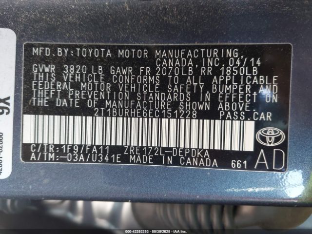 2T1BURHE6EC151228 Toyota Corolla L/le/le Plus/le Premium/s/s Plus/s Premium