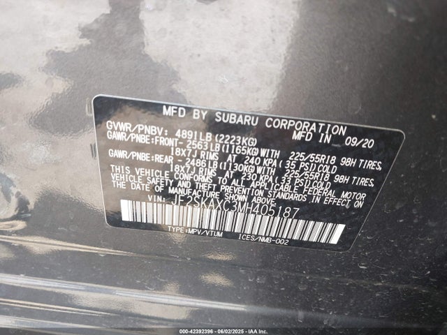 Subaru na u5 2021 JF2SKAXC3MH405187 Image 9