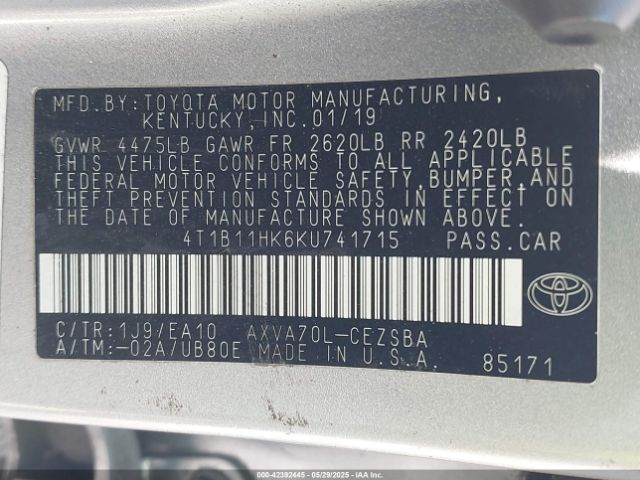 4T1B11HK6KU741715 Toyota CAMRY SE