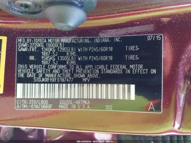 5TDJKRFHXFS187477 Toyota 2gr-fe