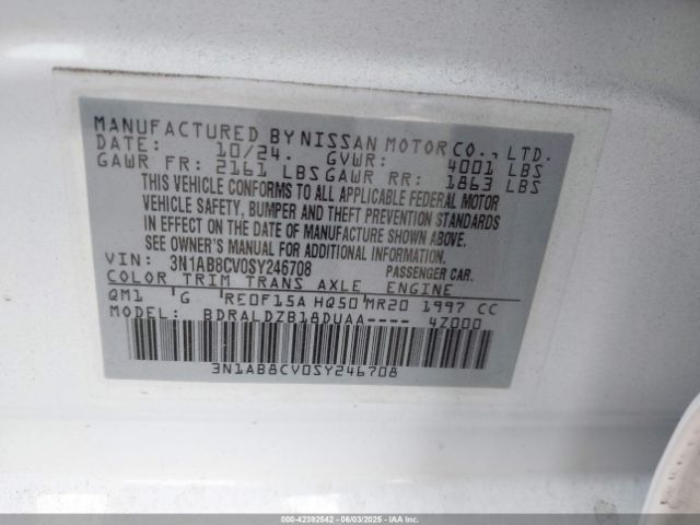 3N1AB8CV0SY246708 Nissan SENTRA SV