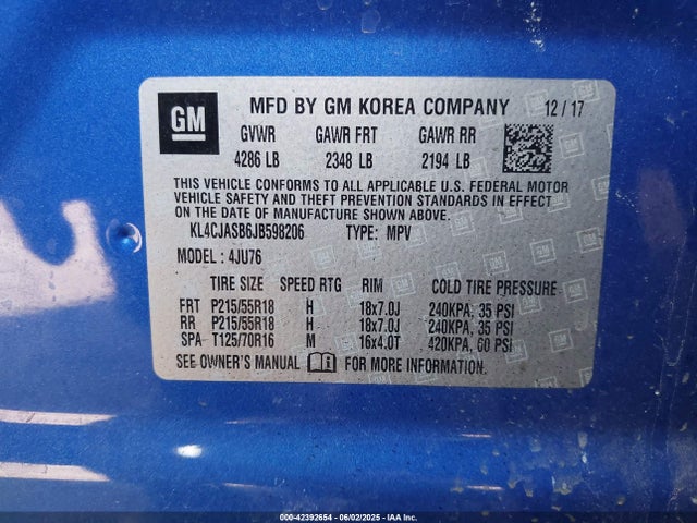 KL4CJASB6JB598206 Buick luv: mfi, variable valve timing, alum, e85 max